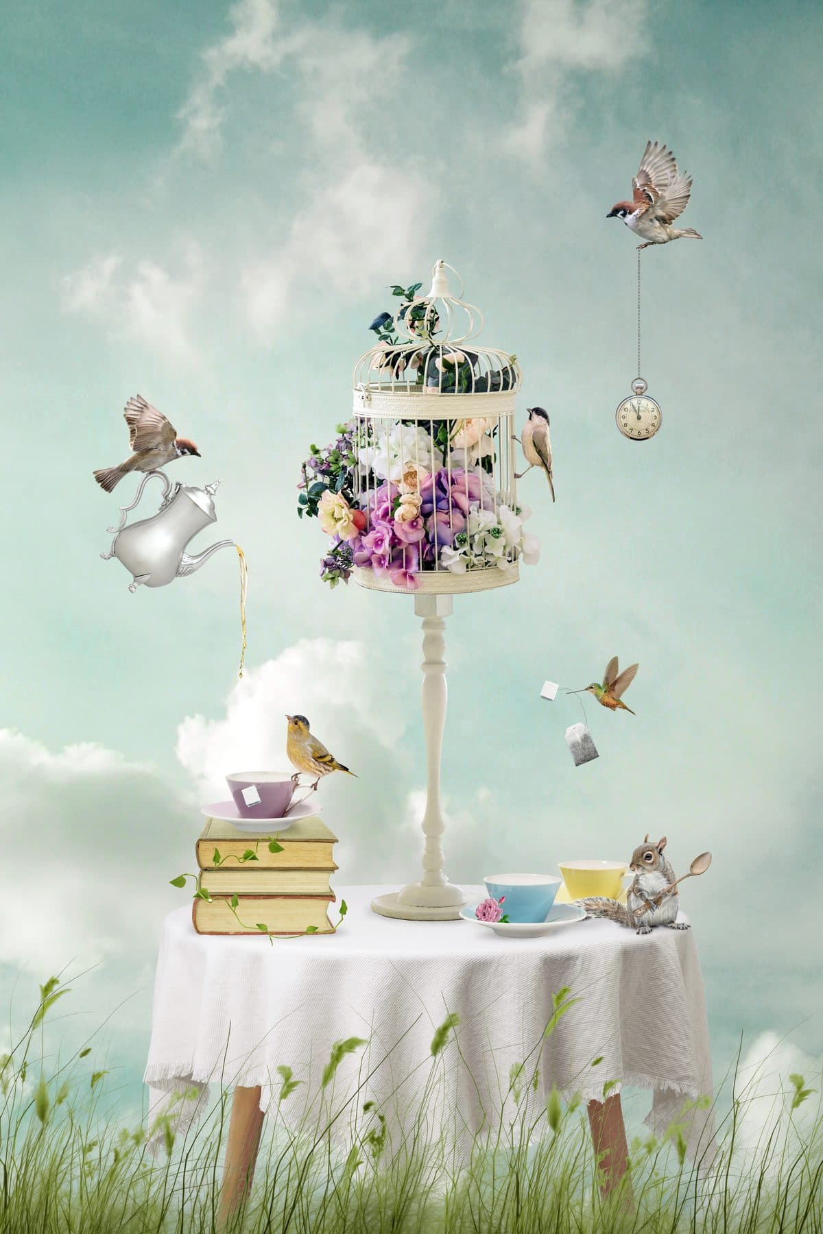Tea Party — whimsical fine art bird portrait print by Dana Klein Creative