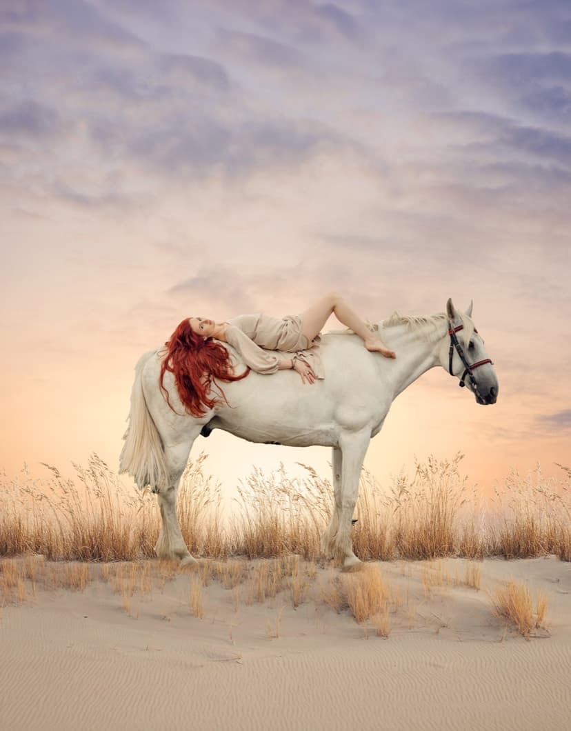 Composite portrait of a girl resting on a white horse by Dana Klein